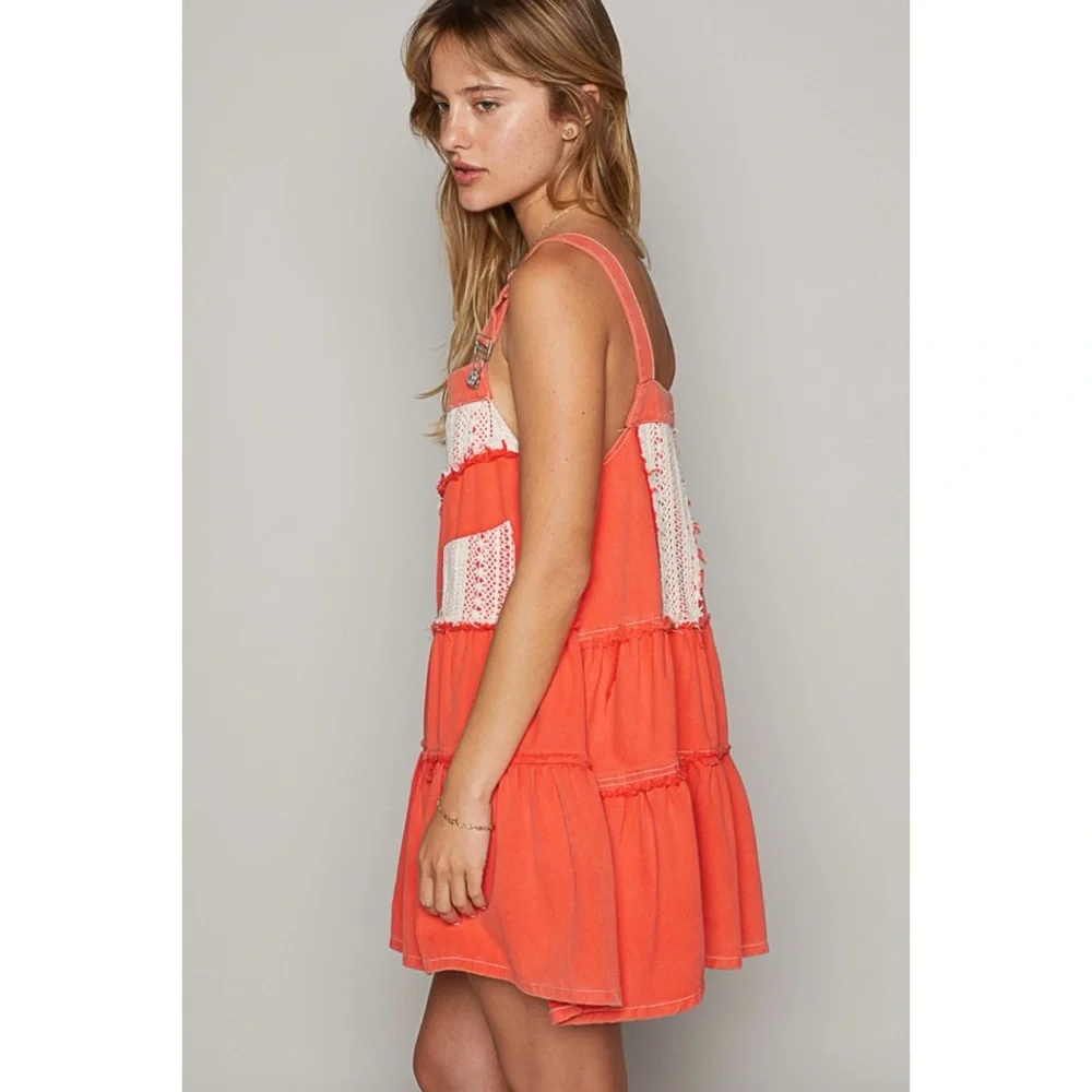 POL Coral Red Denim & Crochet Patch Tiered Skirtall Mini Dress - Picture 4 of 8